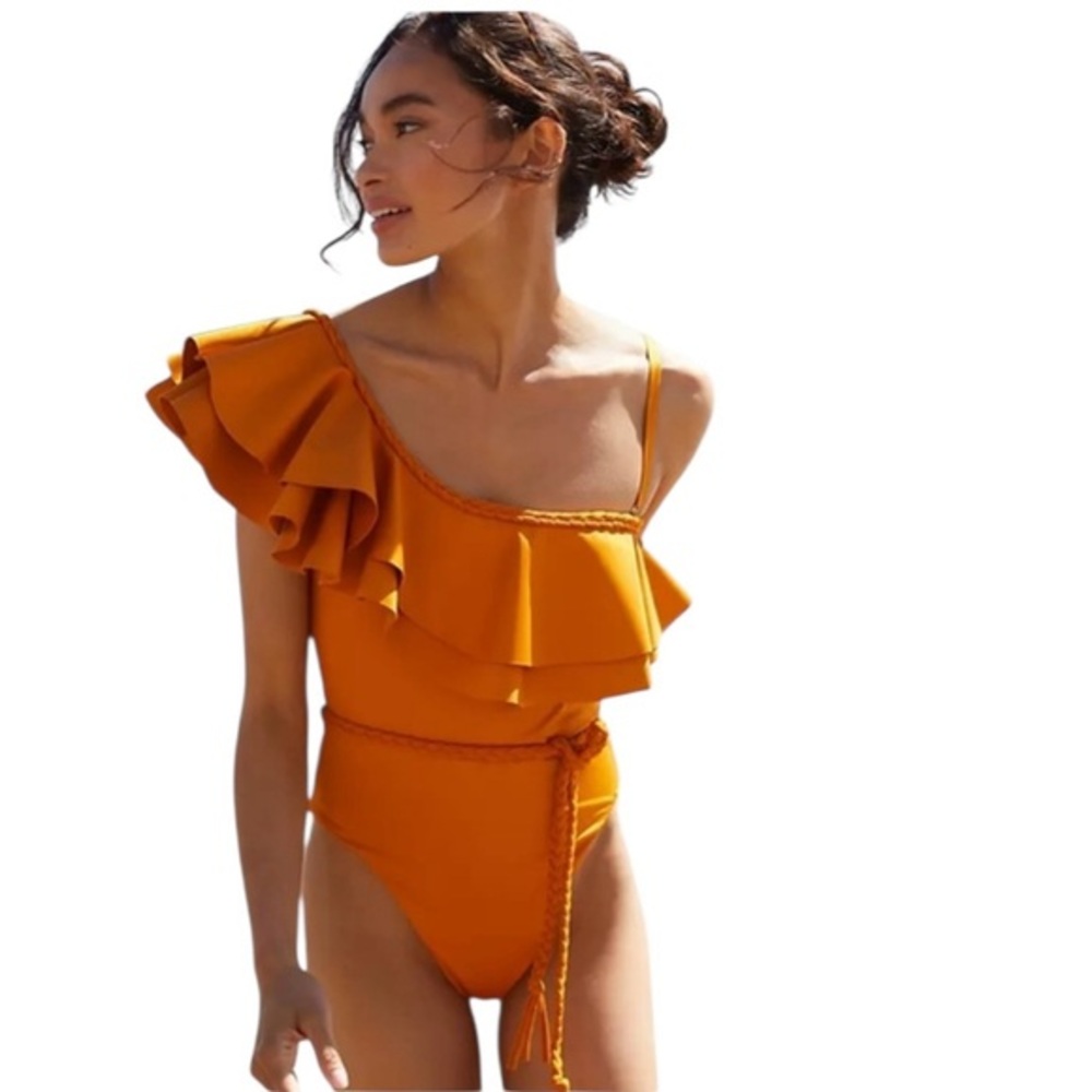 Women's Ruffled One-Shoulder Swimsuit - Orange